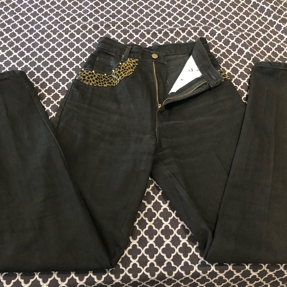 Krazy Larry Black Denim Ankle Leopard Jeans Sz 4 Fg23